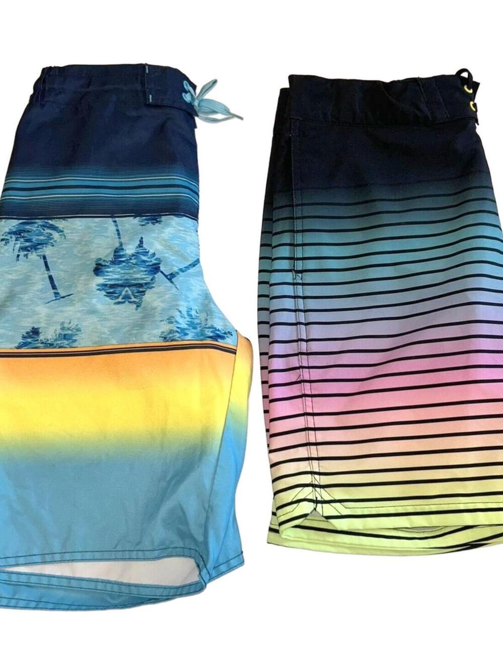 Two Pairs Lined Boys Swim Trunks "Palm Trees & Striped" Size 14-16 / Large